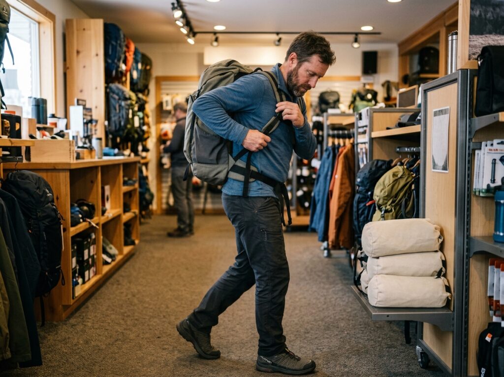 Best daypack capacity fit test using sandbag weight in a gear store aisle