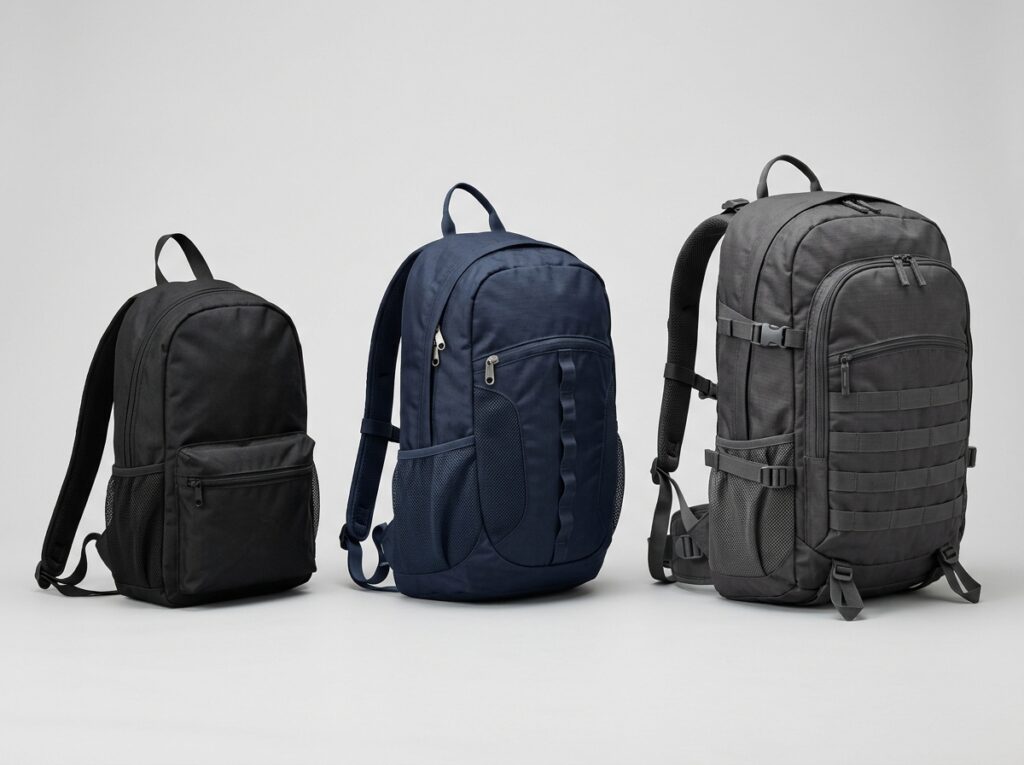 Day hiking backpack liters compared — 12-liter, 20-liter, and 30-liter packs side by side