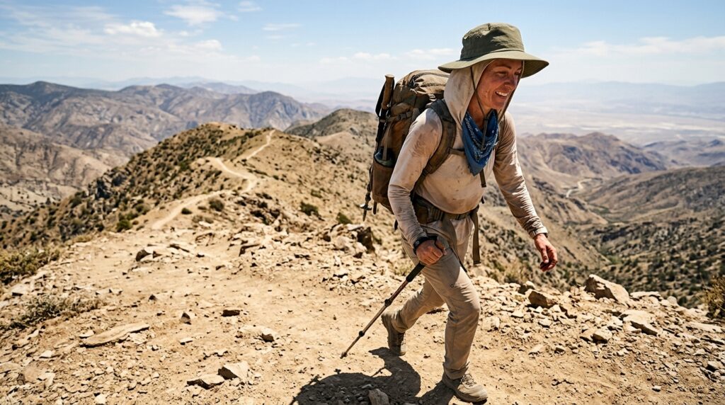 What to Wear Hiking in Summer: 9 Smart Ways to Cool Off What to wear hiking in summer — a UPF sun hoodie and wide-brim hat on an exposed trail