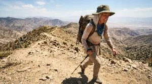 What to wear hiking in summer — a UPF sun hoodie and wide-brim hat on an exposed trail