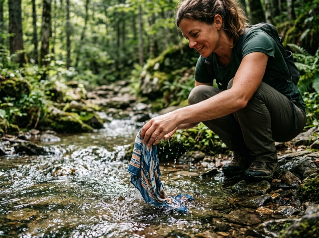 What to Wear Hiking in Summer: 9 Smart Ways to Cool Off Hiking gear for hot weather — wetting a bandana in a stream to cool down