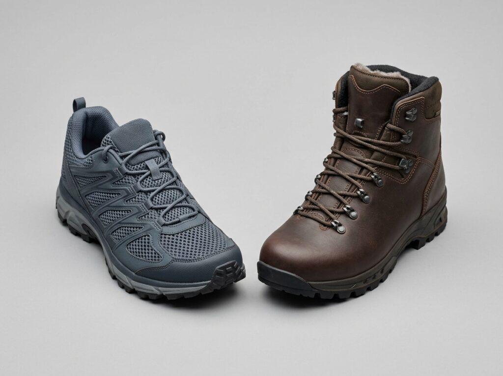 What to Wear Hiking in Summer: 9 Smart Ways to Cool Off Summer trail clothing footwear choice, mesh trail runners next to an insulated boot